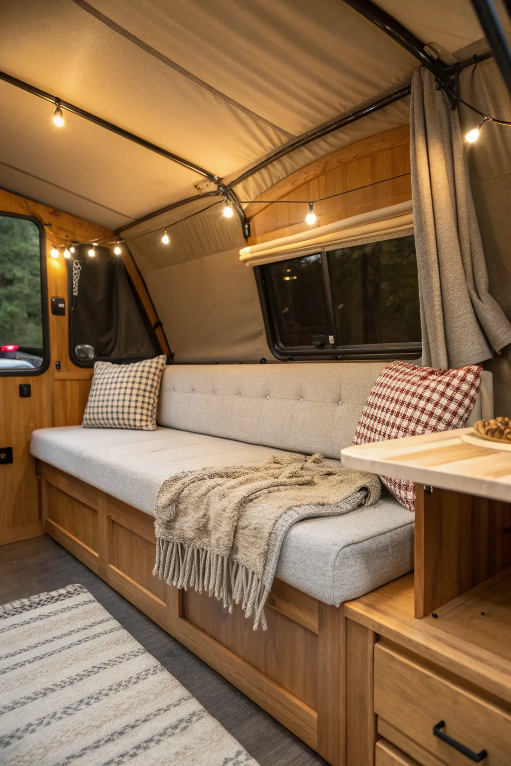 Transform your pop-up camper into a cozy retreat with plush cushions and crafted wood seating.