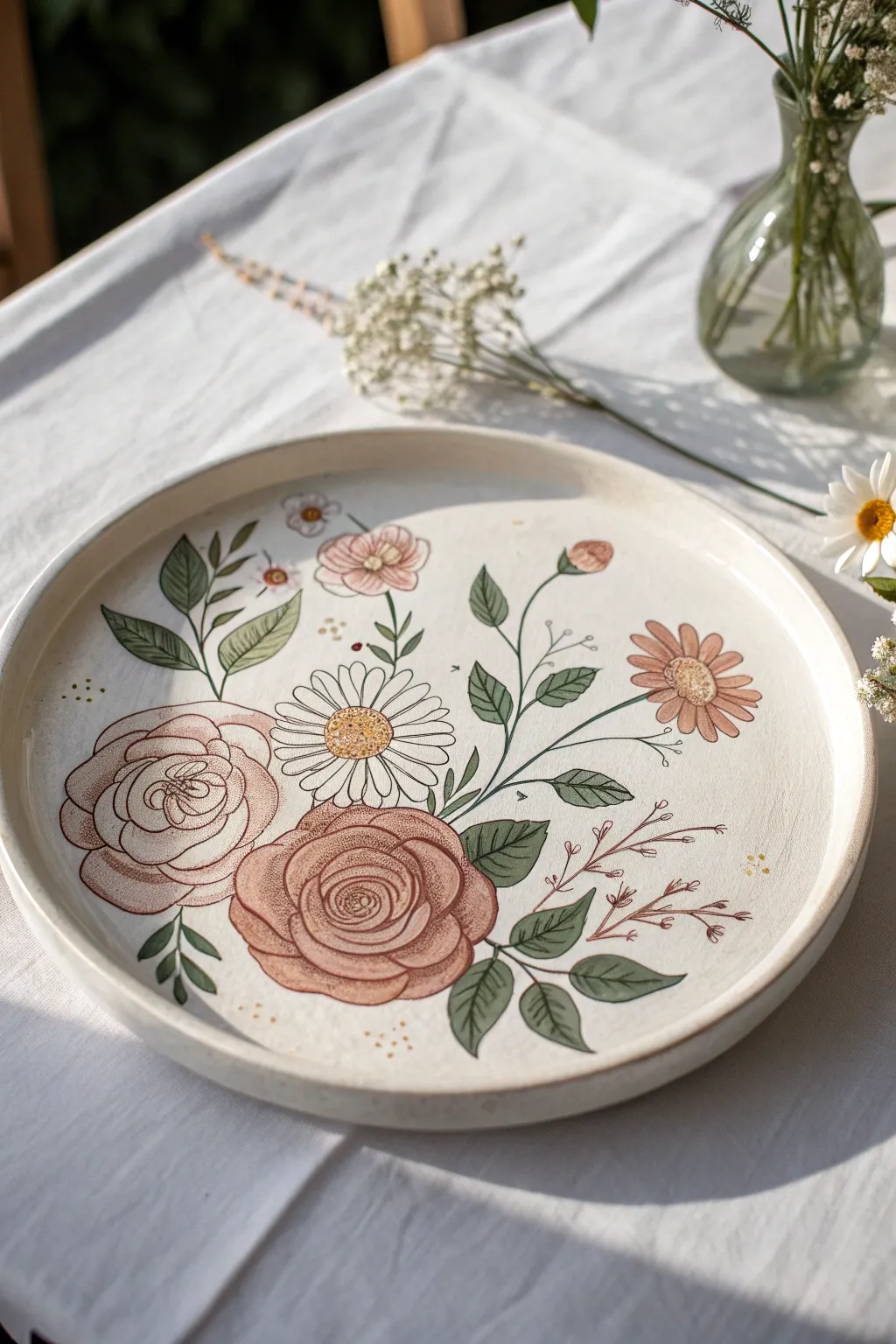 Embrace the elegance of nature with this hand-painted floral pottery platter, where simplicity meets artistic charm.