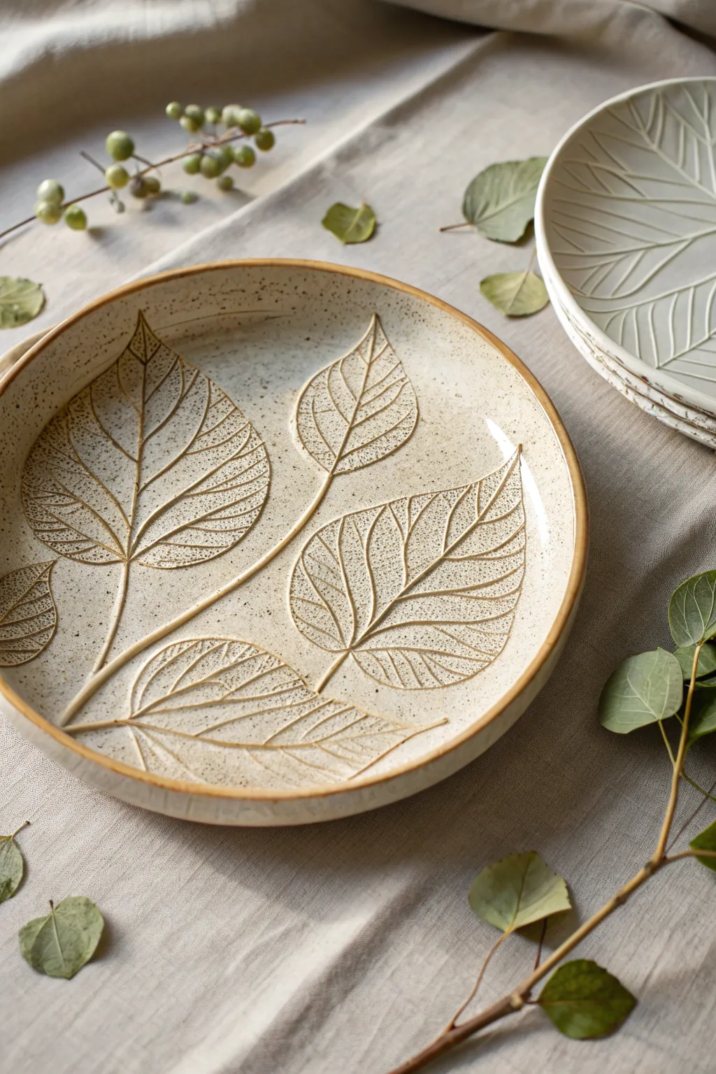 Elevate your dining experience with the elegance of leaf-patterned pottery.
