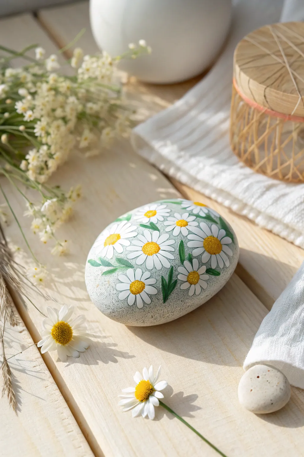 Embrace the spirit of spring with vibrant daisies on a handcrafted rock, a touch of garden magic for your home.