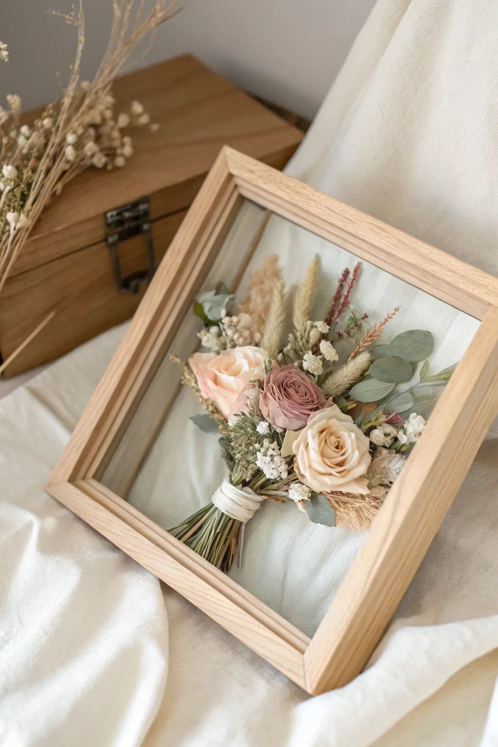 Capture your love story in a timeless shadow box, where elegance meets nature's beauty.