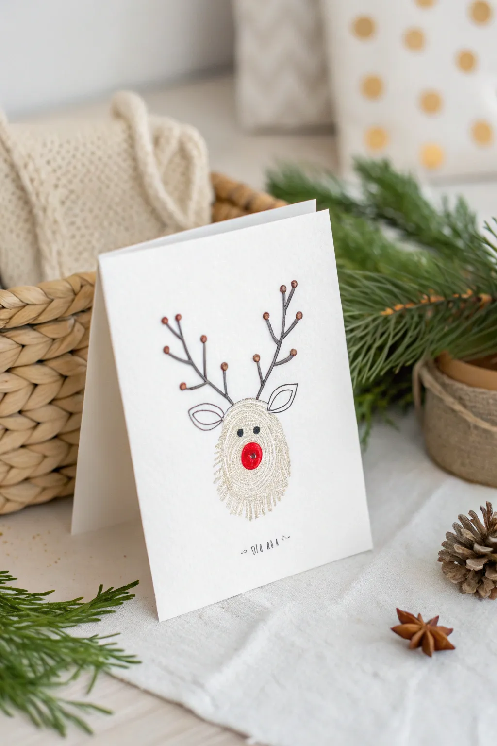 Create holiday magic with tiny fingerprints – a charming reindeer Christmas card that's as unique as it is delightful.