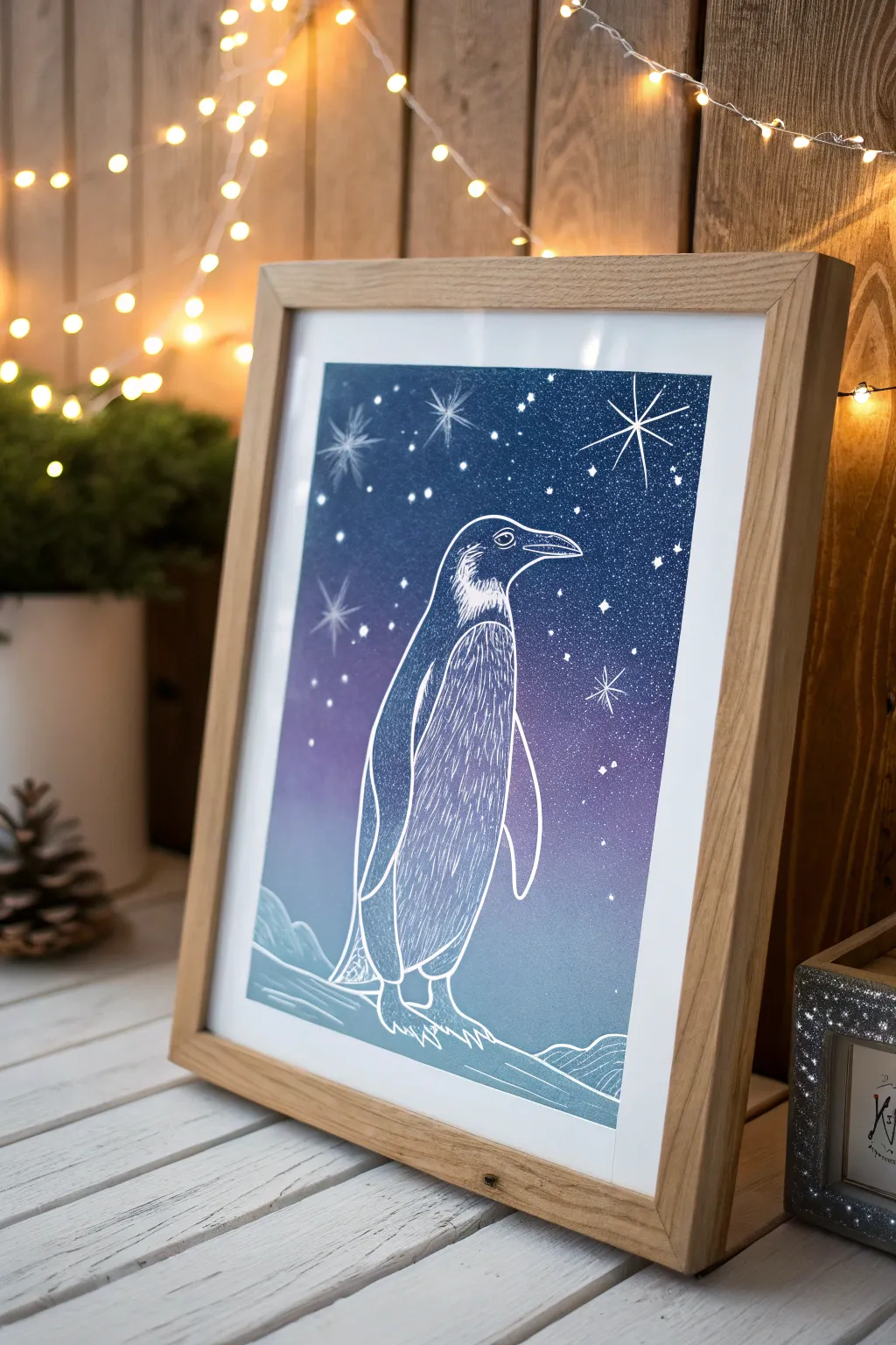 Bring whimsical elegance into your space with this enchanting penguin print, where simplicity meets a starry night.