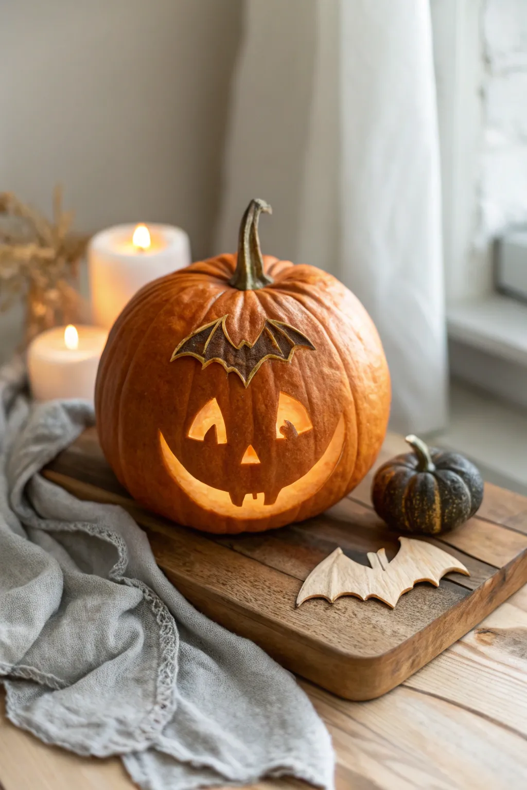 Embrace the spirit of Halloween with a charming smiling bat pumpkin, combining minimalist elegance with a touch of Boho charm.