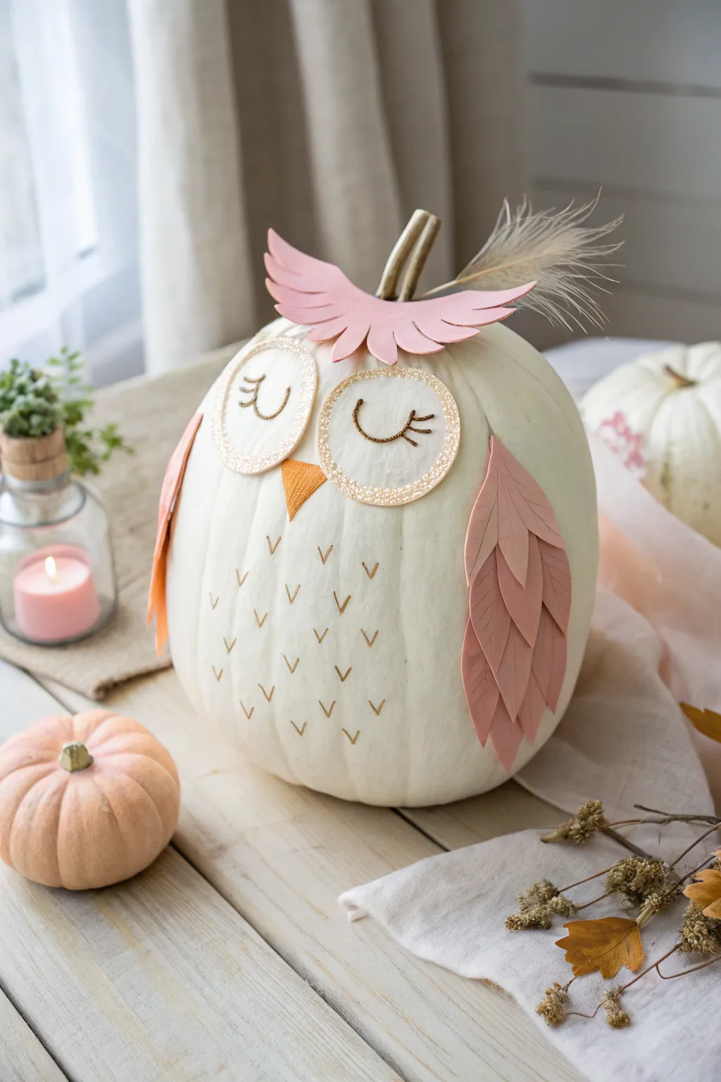 Embrace the charm of autumn with this adorable owl-inspired pumpkin, where minimalist design meets bohemian flair.