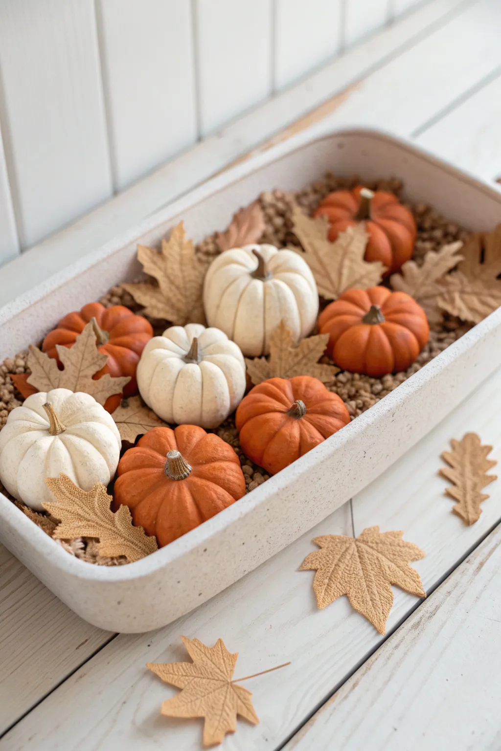 Explore the enchanting simplicity of a mini pumpkin patch, where tiny textures and autumn hues captivate the senses.