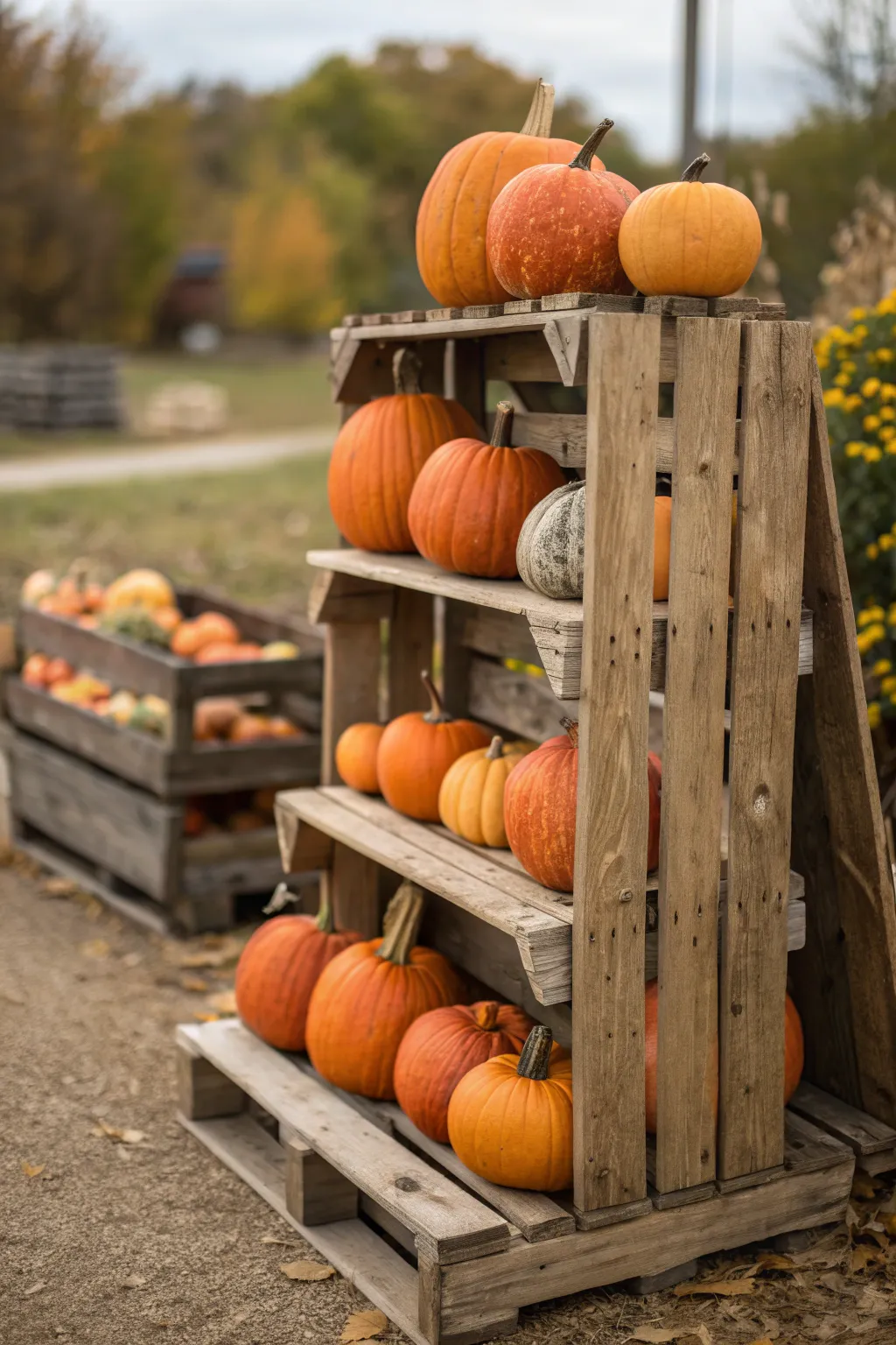 Embrace the essence of fall with a rustic pumpkin display on a charming wood pallet stand.