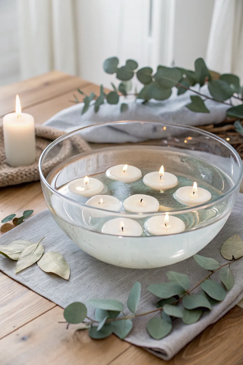 Transform your punch bowl into a serene floating candle display for a touch of cozy elegance.