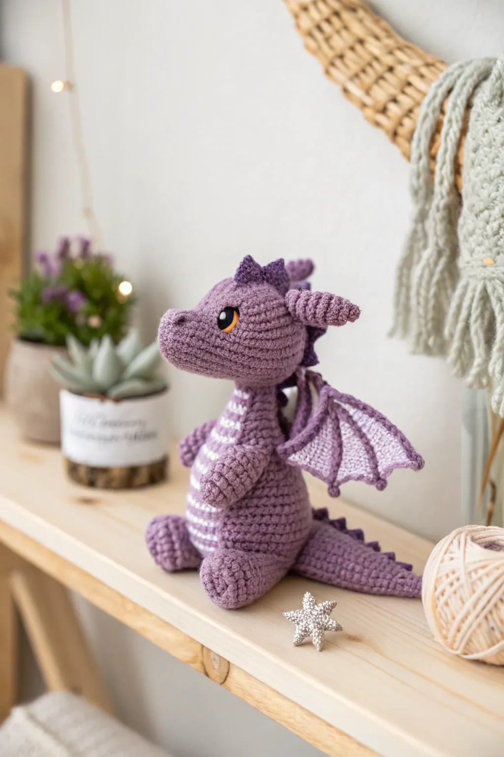 Enchant your space with this charming purple amigurumi dragon, a perfect blend of whimsy and craftsmanship.