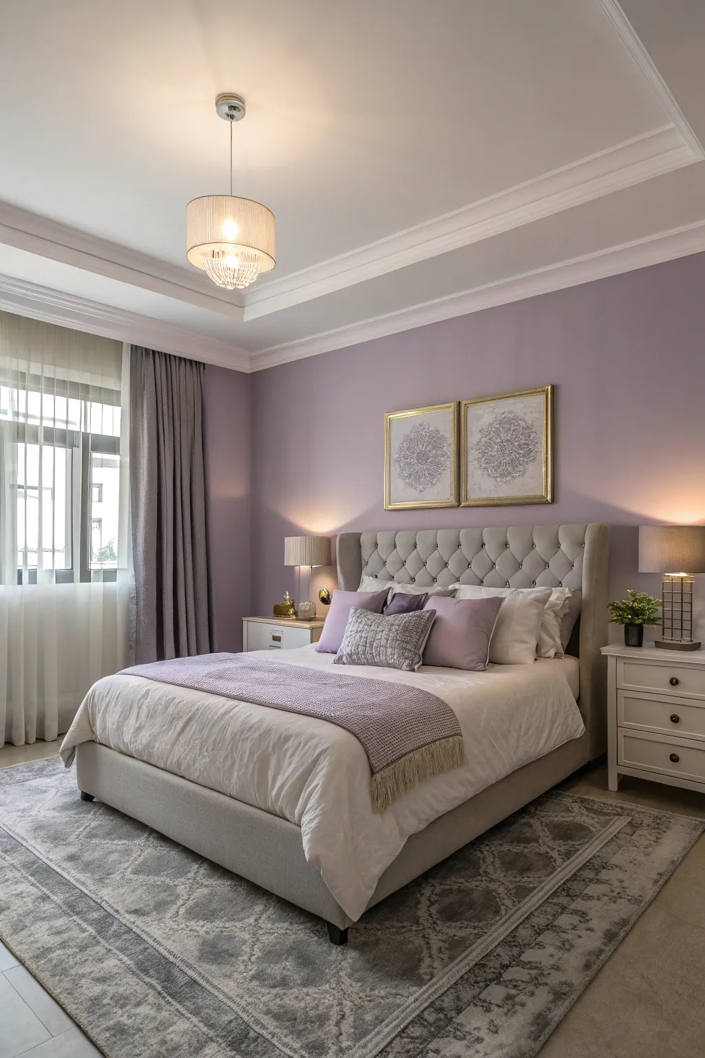 Lavender walls paired with soft gray create a calming and serene retreat.