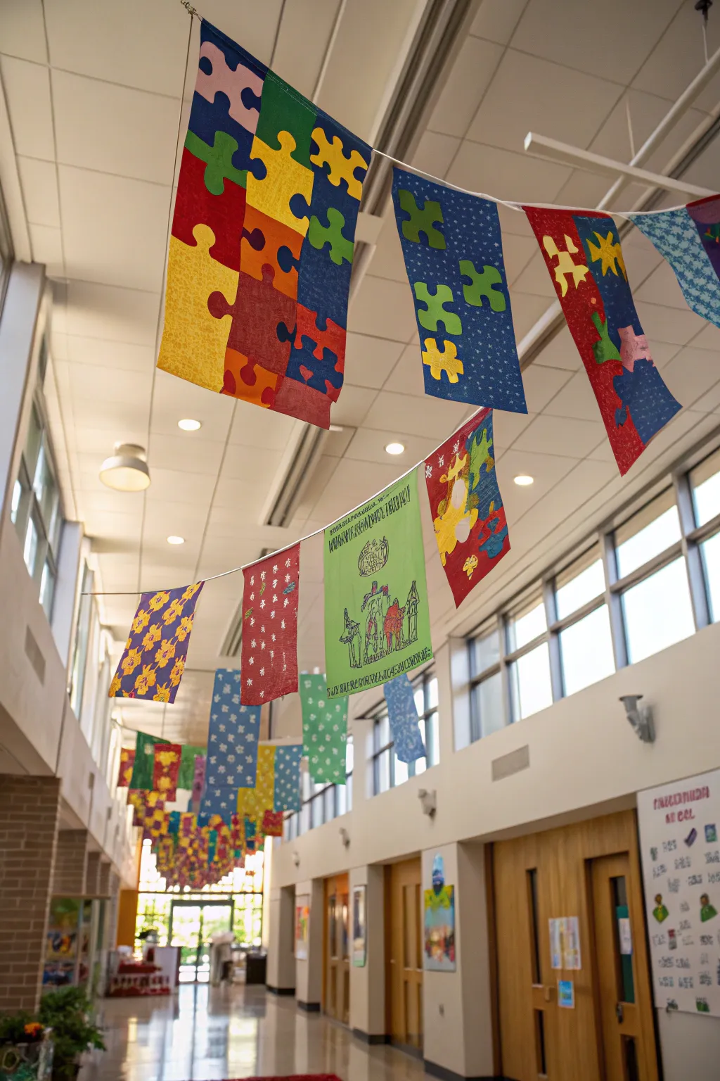 Colorful puzzle piece banners create a festive atmosphere for your party.