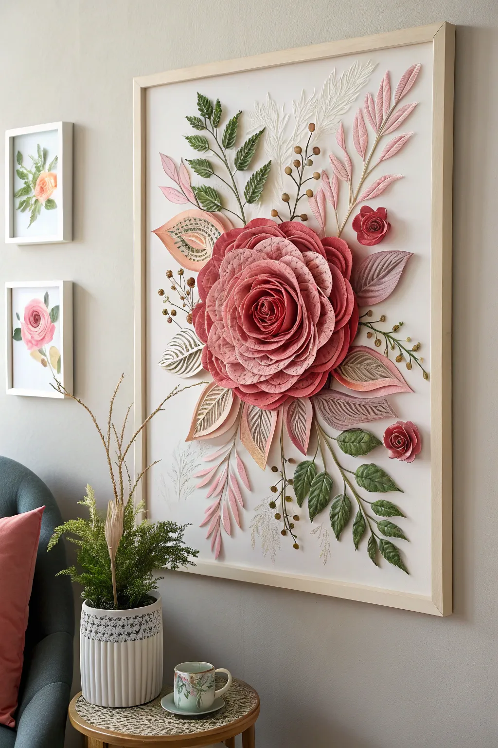 Bring nature indoors with this exquisite quilled rose masterpiece, perfect for adding a touch of elegance to your space.