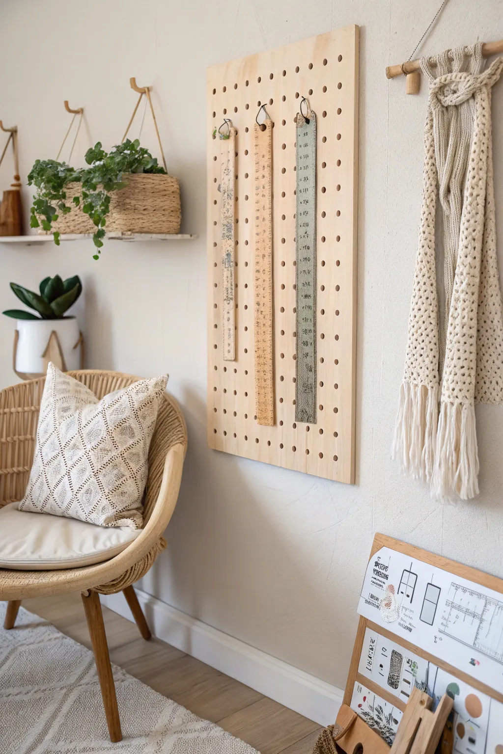 Transform your craft space with Scandinavian elegance: a pegboard that combines functionality and style.