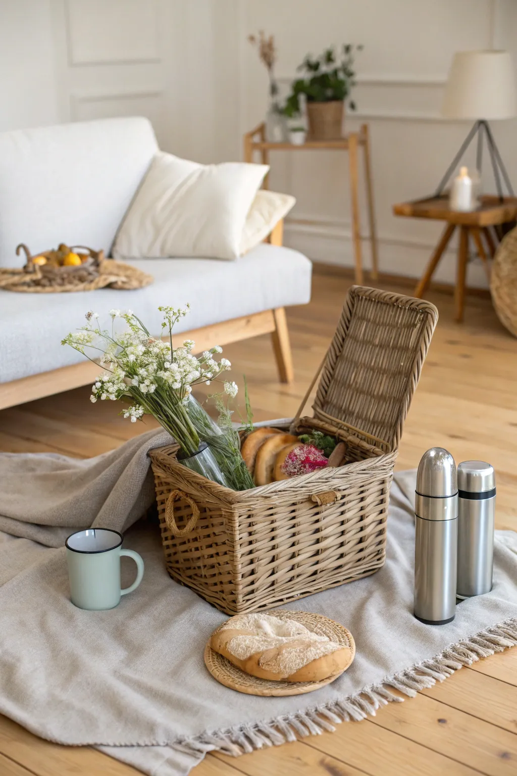 Transform your living room into a cozy indoor picnic haven, perfect for celebrating rainy day birthdays with a touch of minimalist charm.
