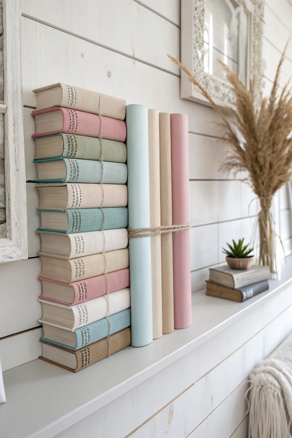 Transform your space with a serene book spine art display, where simplicity meets artistic flair. Perfect for adding a touch of minimalist elegance to any room.