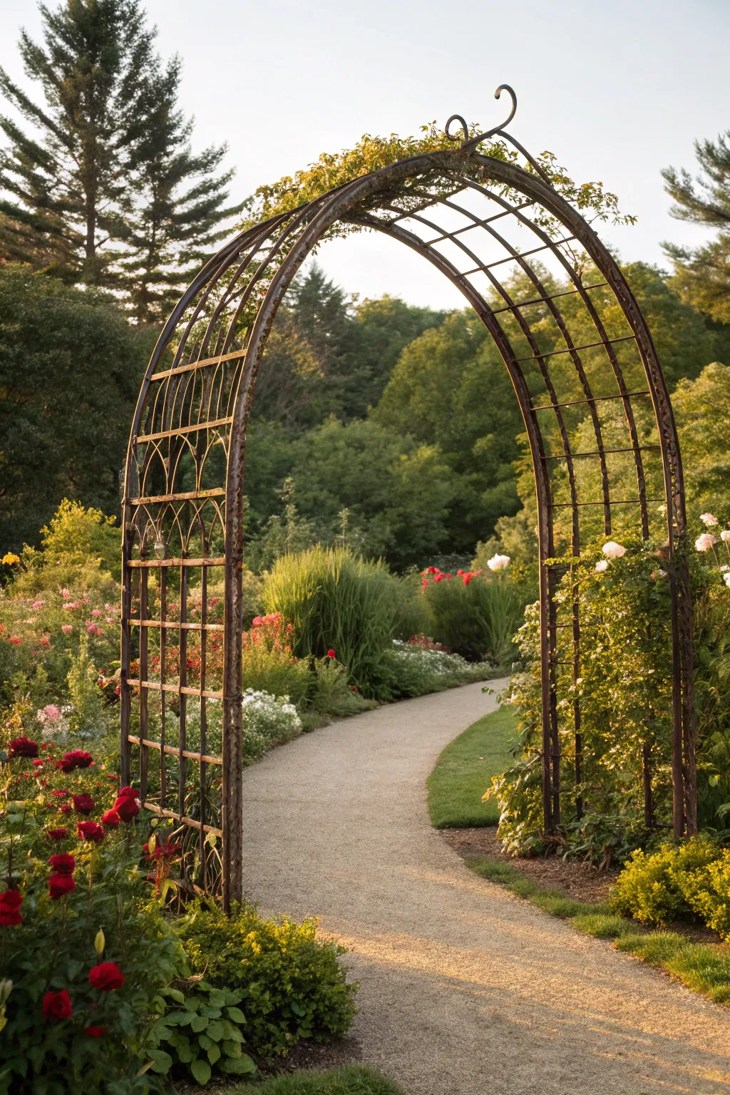 Step into a storybook with this handcrafted rebar arch trellis, a masterpiece of garden elegance.