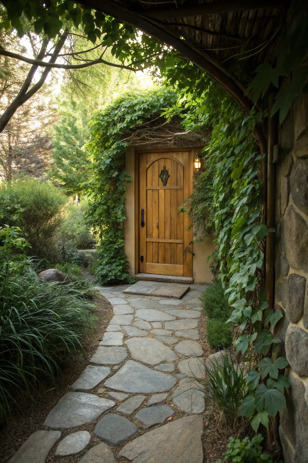 A natural stone pathway enhancing the charm of a recessed entryway.