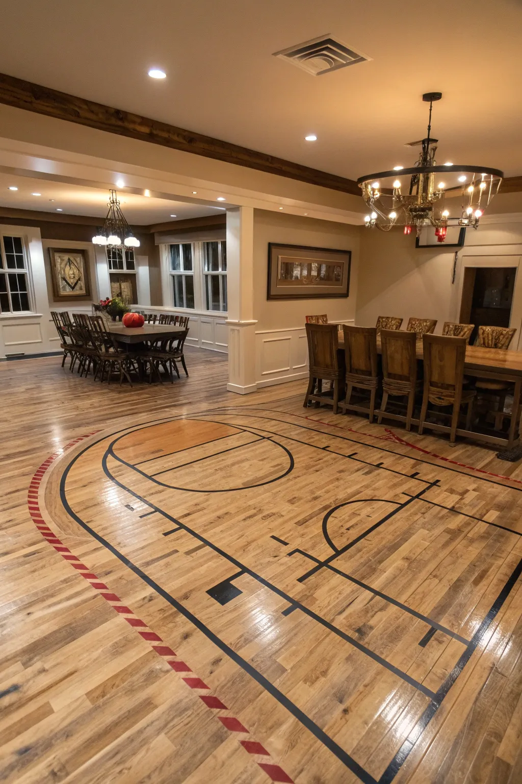Make every dinner a game-changer with reclaimed court flooring.