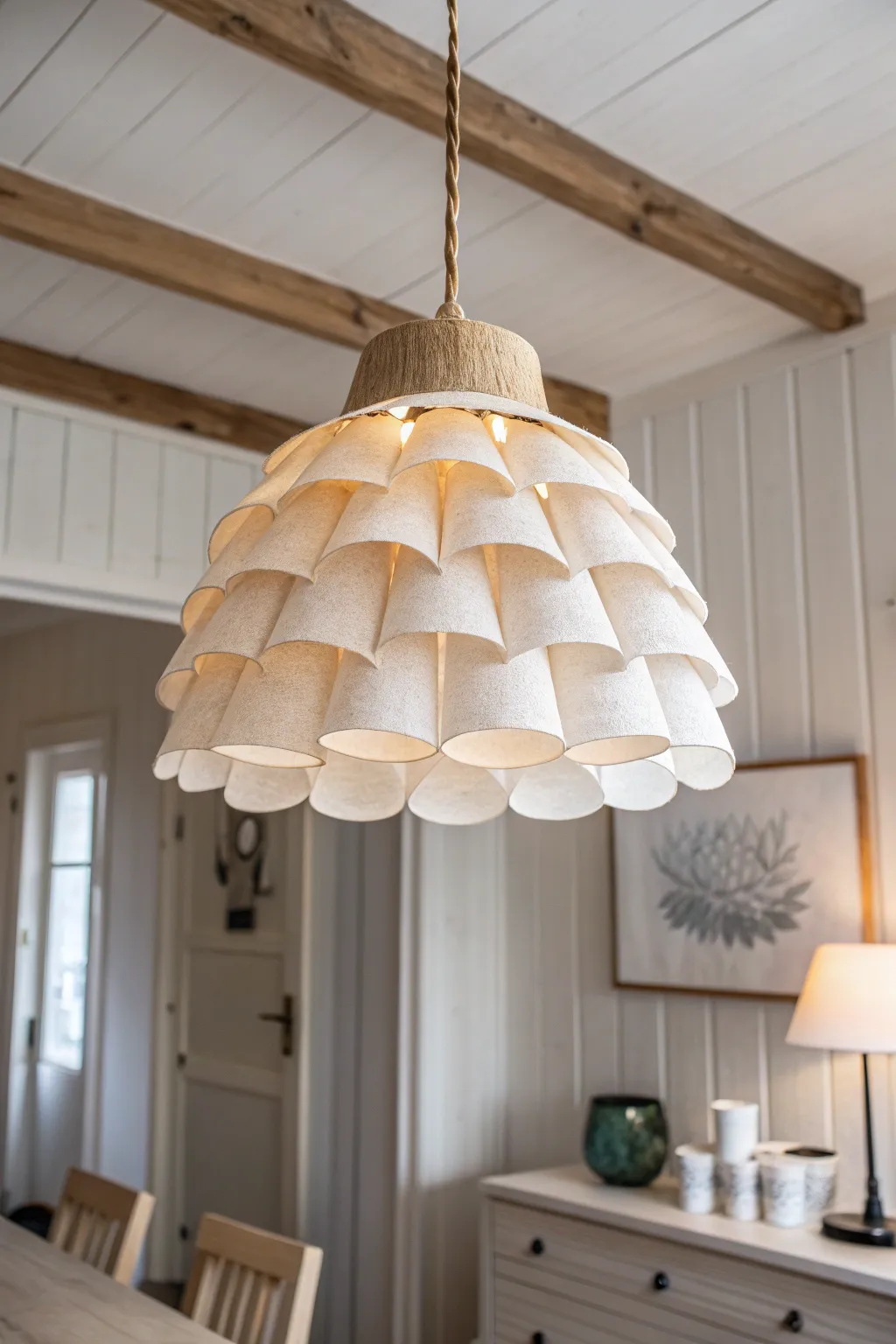 Illuminate your space with eco-friendly elegance: a charming paper cup pendant lamp that blends minimalism with a boho flair.