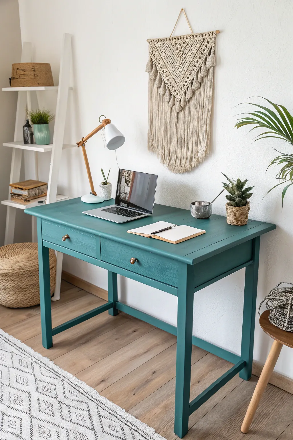 Transform your workspace with a bold color swap - see how a vibrant teal desk becomes the centerpiece of minimalist elegance!