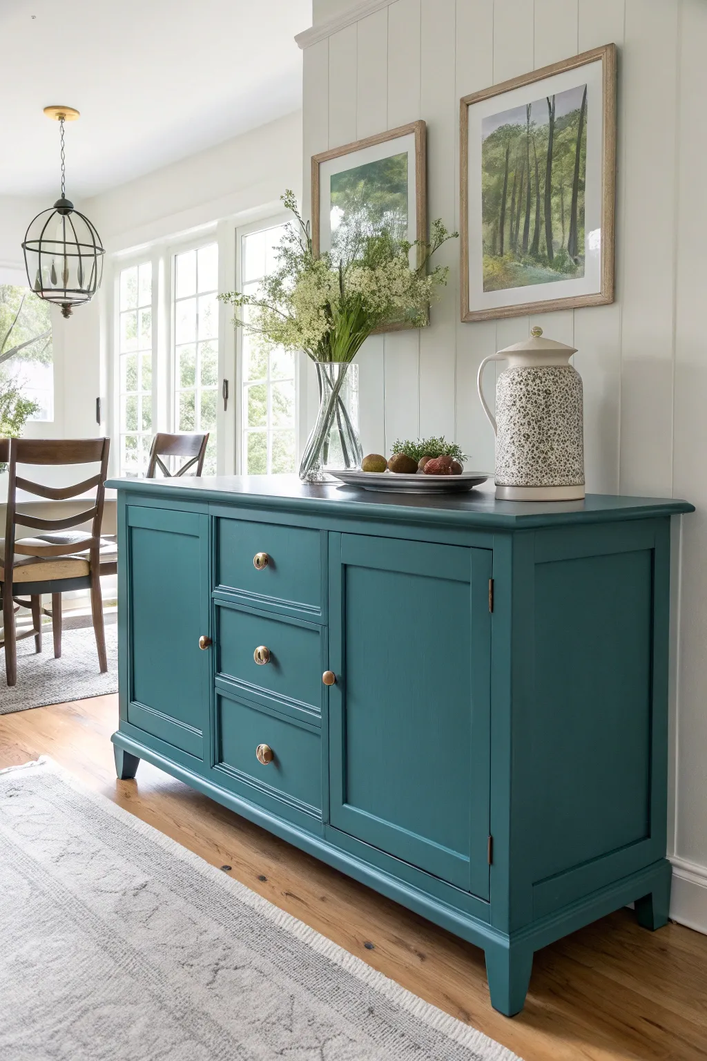 Transform your space with a bold teal buffet, blending Scandinavian simplicity with a Boho twist.