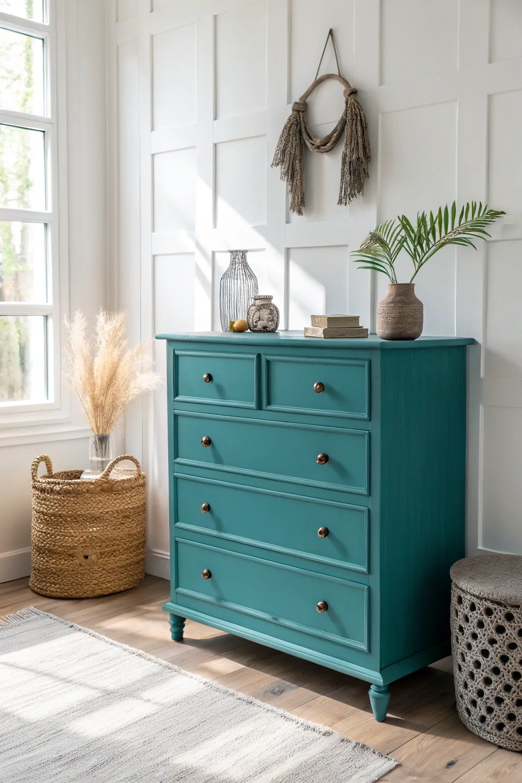 Transform your space with a bold teal dresser that embodies minimalist chic and bohemian charm.
