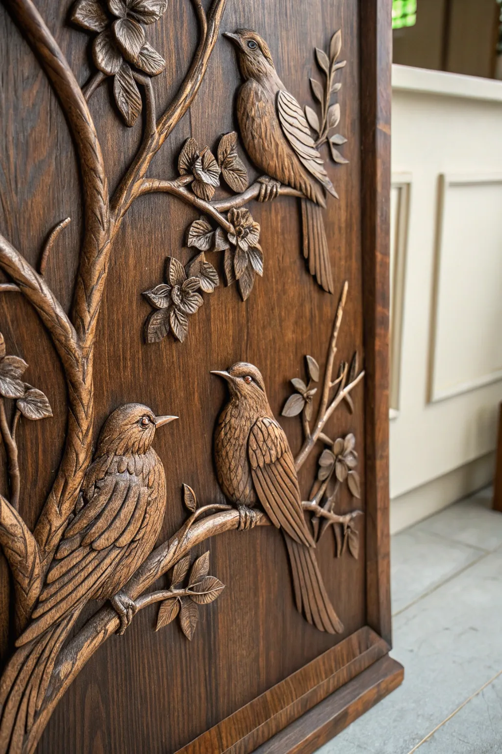 Capture serenity with nature-inspired craftsmanship: Birds nestled on wooden branches.