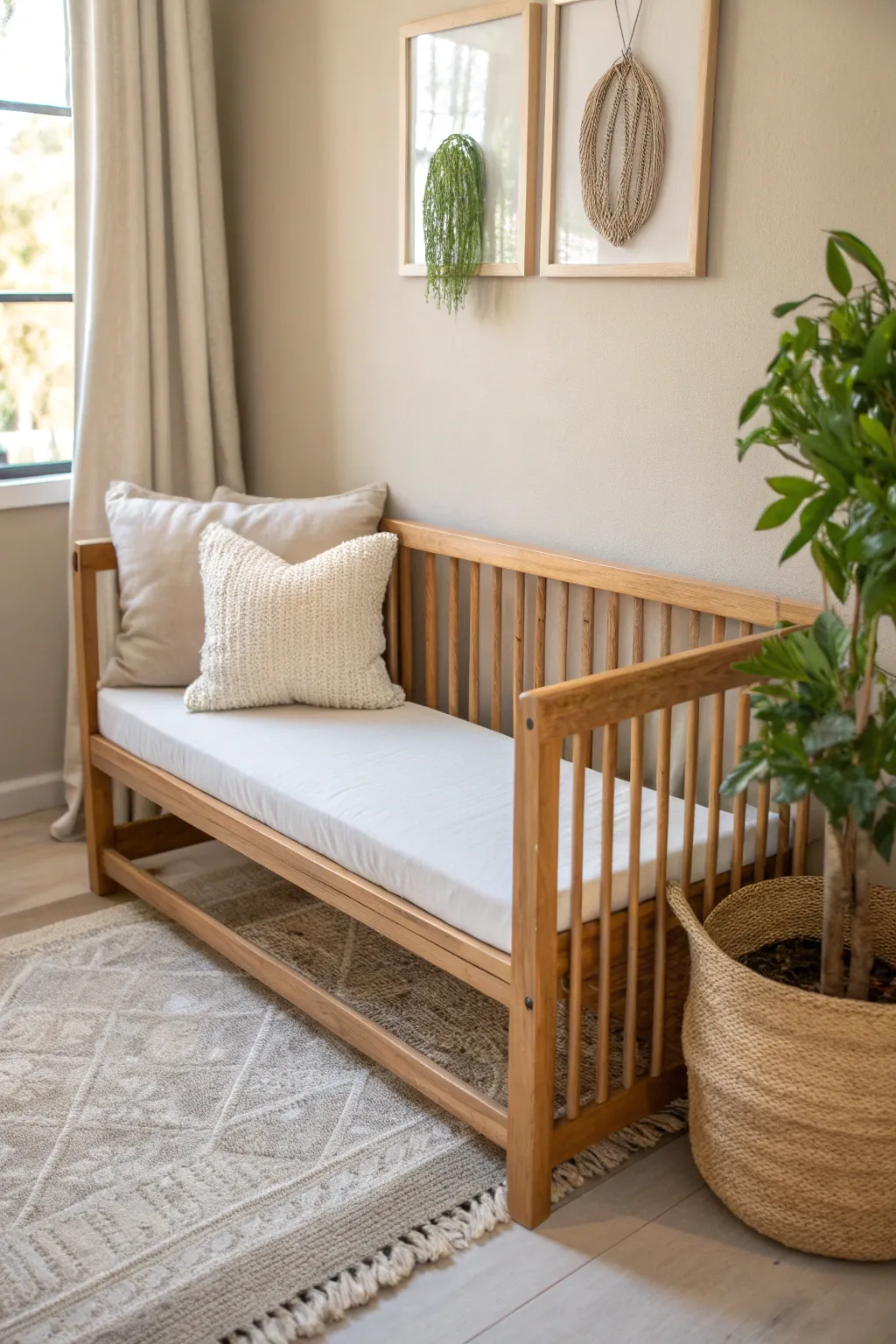 Transform your old crib into a charming indoor bench that's perfect for a serene morning coffee moment.