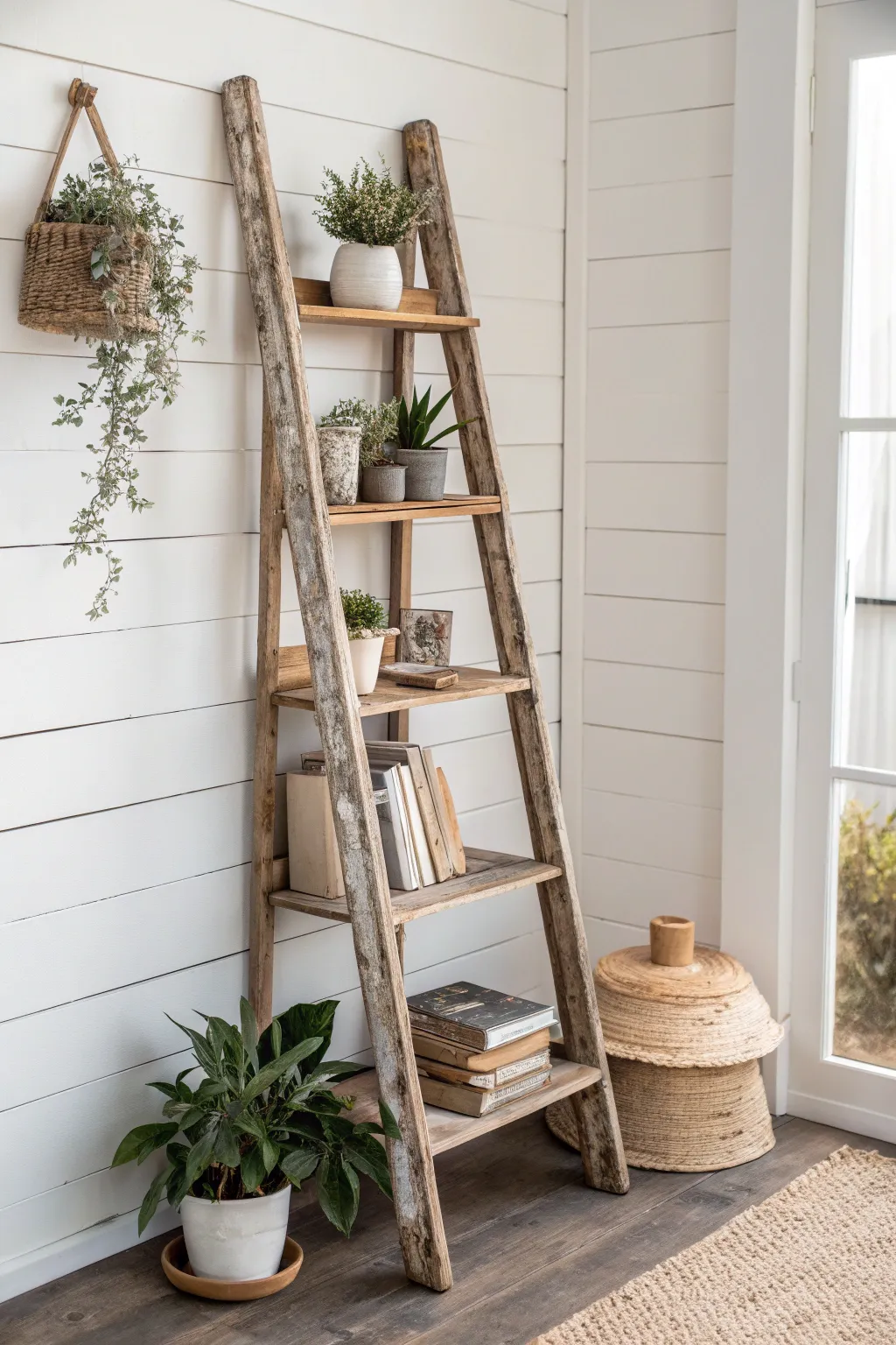 Transform your space with a charming ladder shelf that tells a story. #ScandinavianBoho #CraftedBeauty