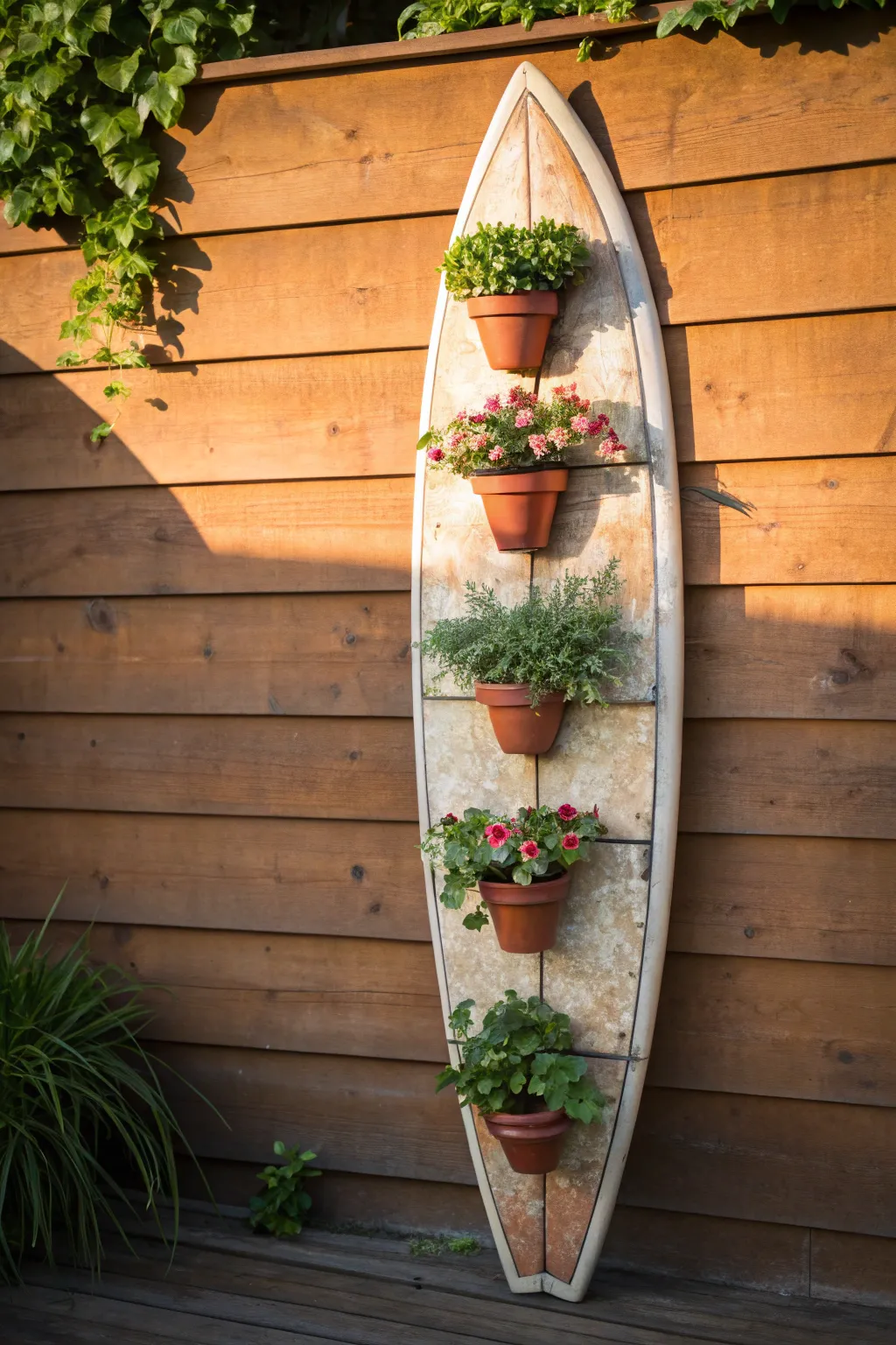 Breathe new life into old surfboards: Create a vibrant vertical garden that showcases your love for craftsmanship and nature.