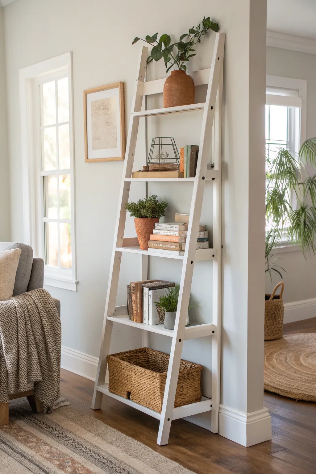 Transform your space with a touch of creativity: An old ladder becomes a chic, minimalist bookshelf.