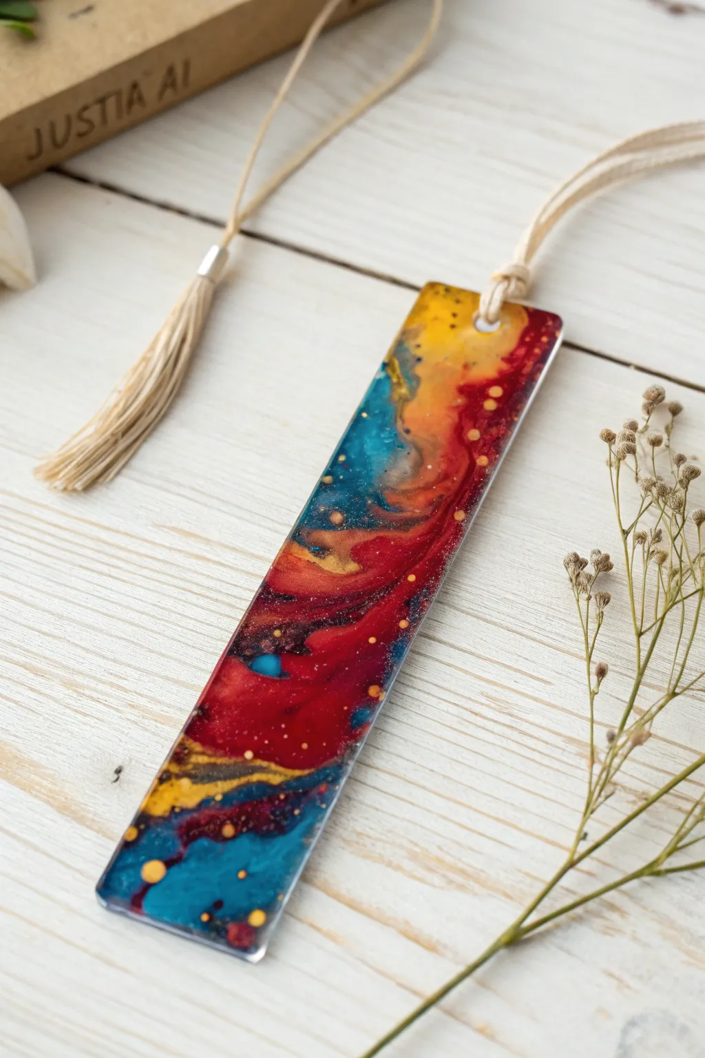 Bring a splash of vibrant artistry to your reading with this stunning resin bookmark.