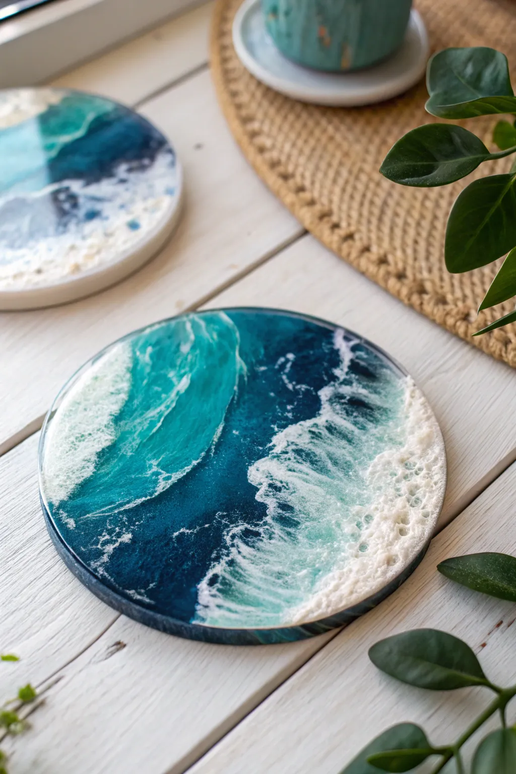 Bring the calming beauty of the ocean to your table with these stunning ocean wave resin coasters.
