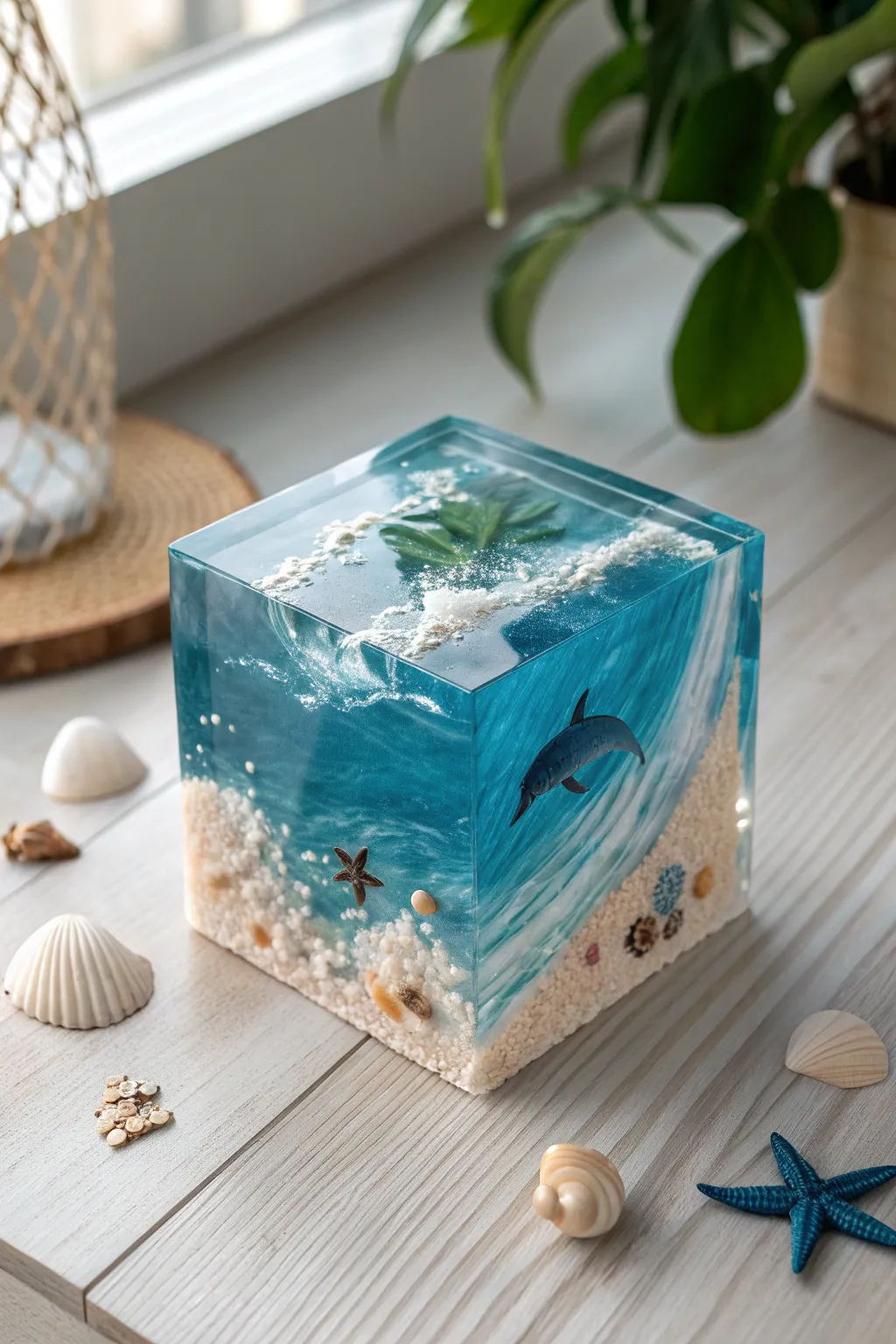 Capture the ocean's magic in your hand with this stunning resin cube, a perfect blend of minimalism and natural beauty.