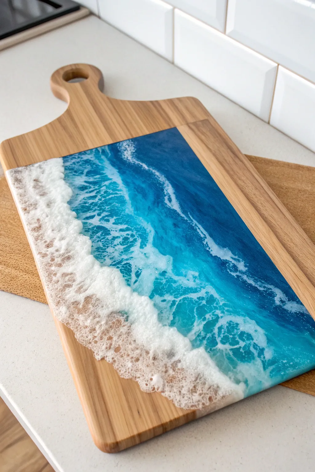Bring the serenity of the ocean to your kitchen with this stunning wave-inspired resin cutting board.