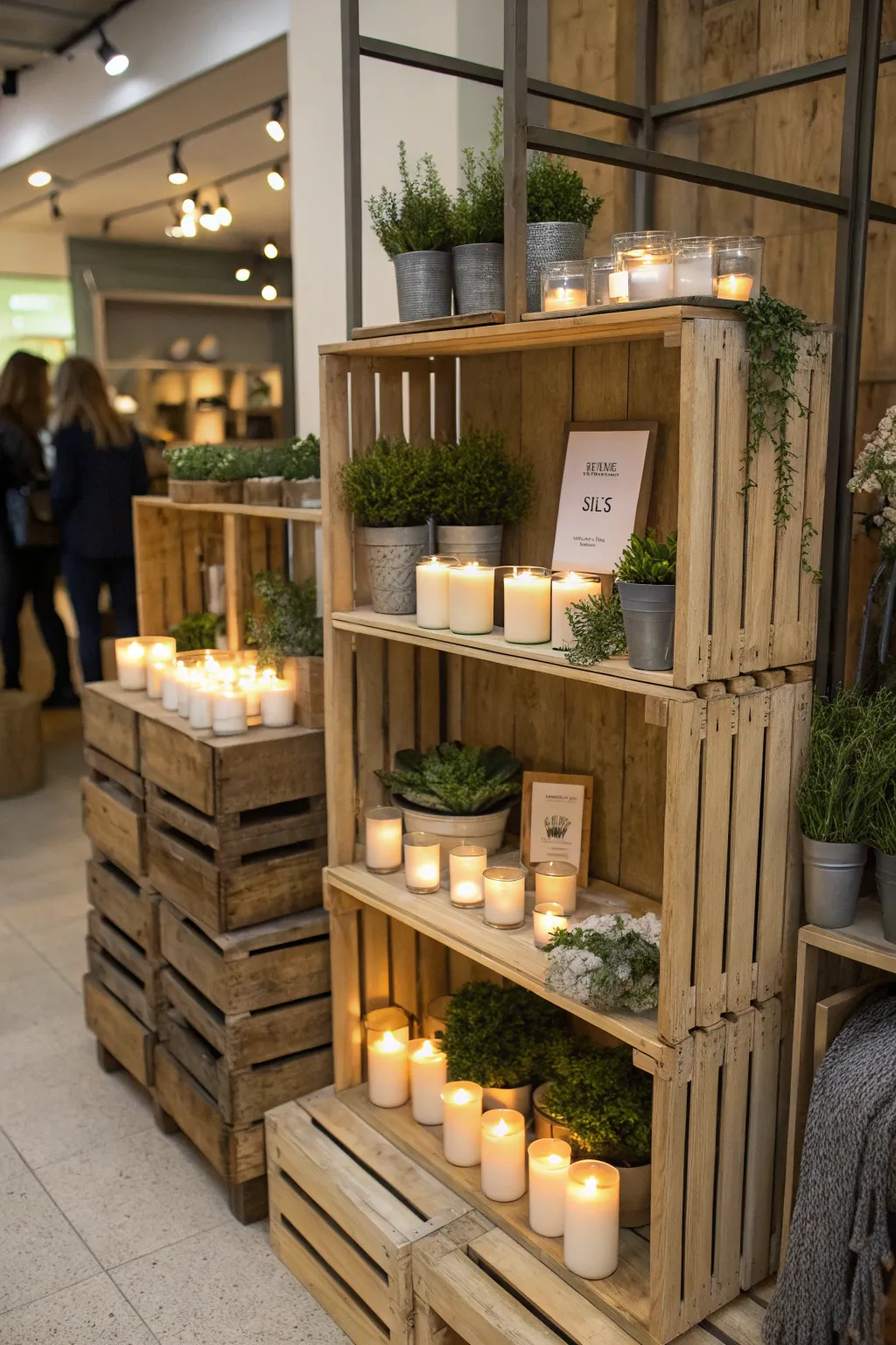 Rustic candle display with wooden crates and greenery.