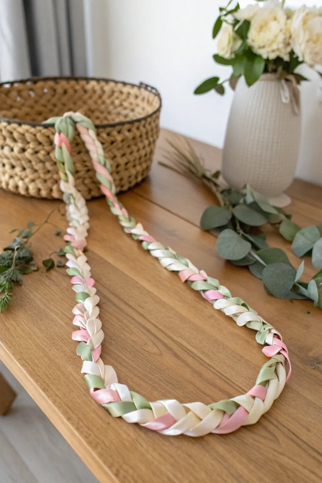 Embrace timeless elegance with a classic braided ribbon lei, where simplicity meets natural beauty.
