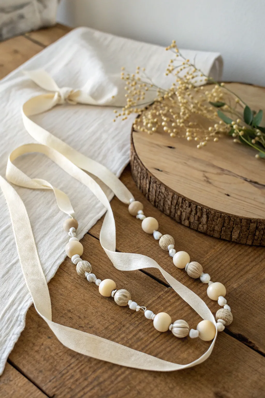 Elevate your style with the timeless charm of a ribbon and bead necklace.