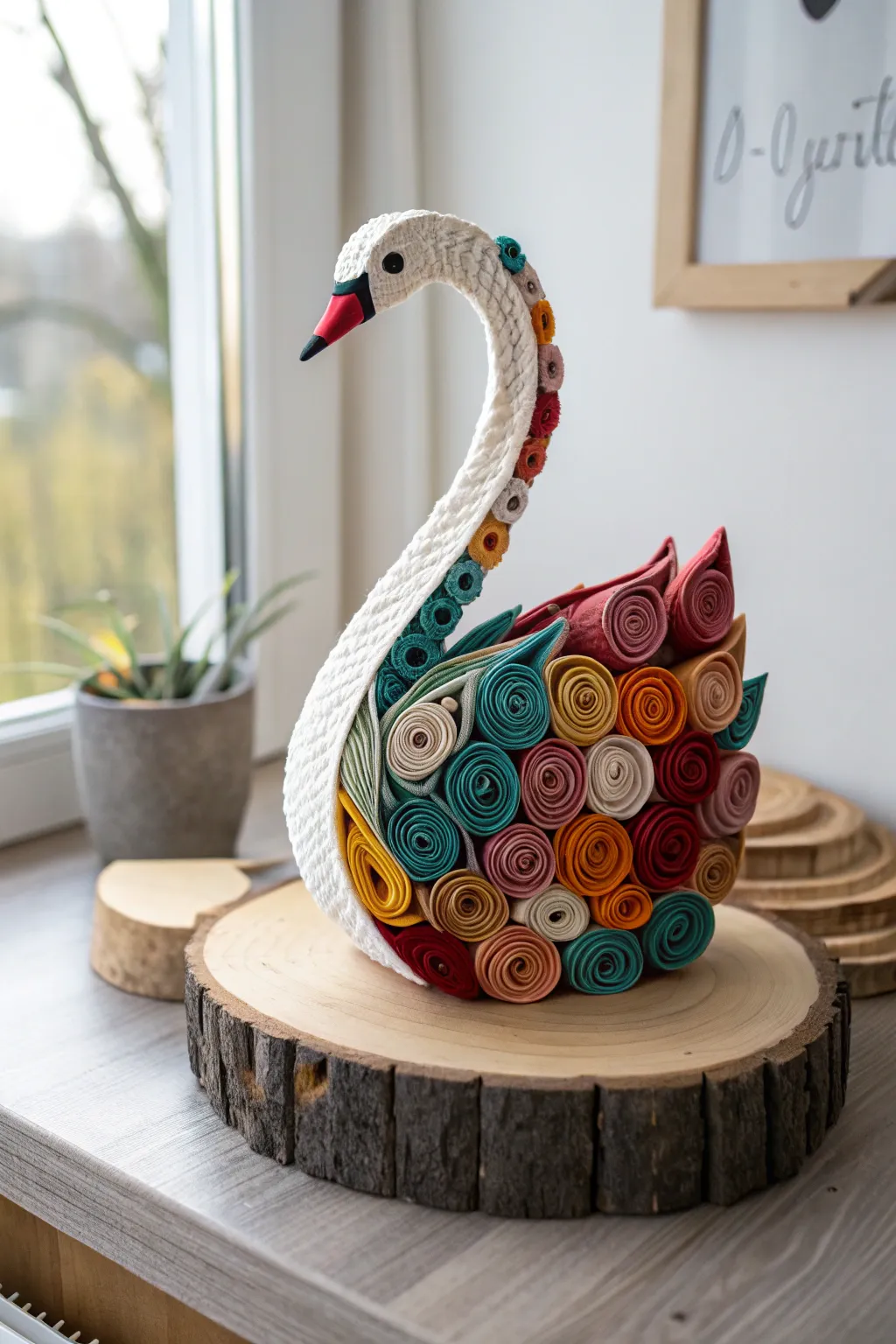 Elevate your space with the vibrant elegance of rolled paper swans.