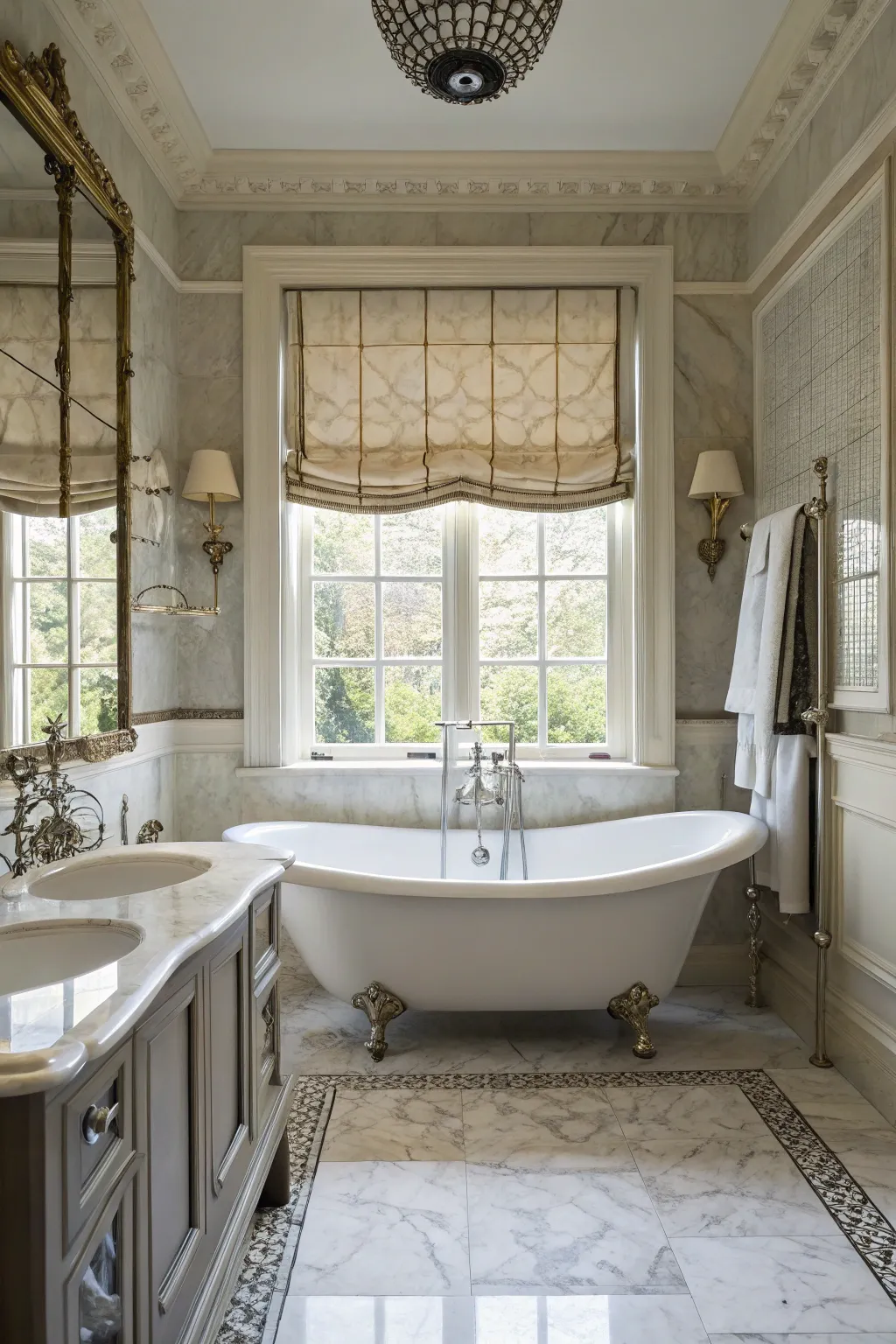 Classic Roman shades add a touch of elegance to this bathroom.