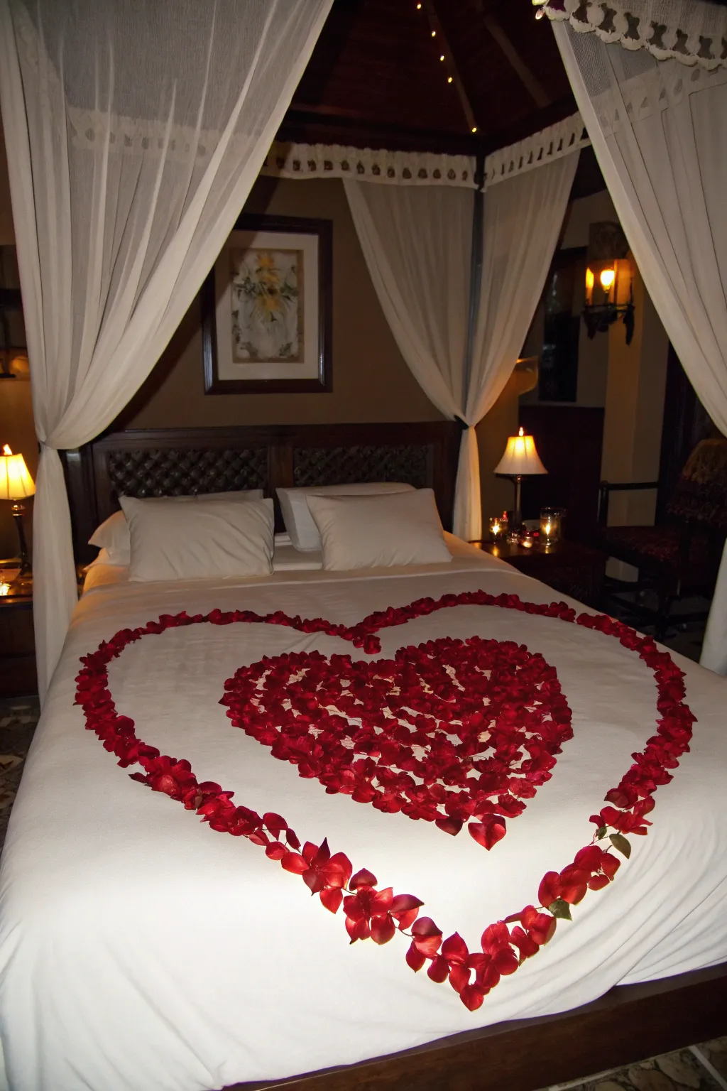 Scattered rose petals bring a classic romantic touch to any room.