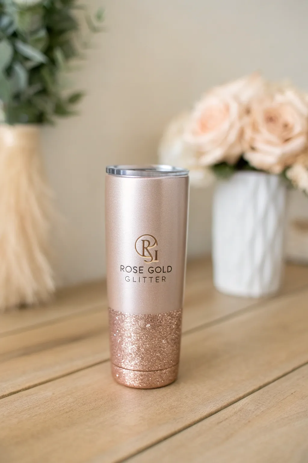 Elevate your everyday with a monogrammed rose gold glitter tumbler—where simplicity meets personal elegance.