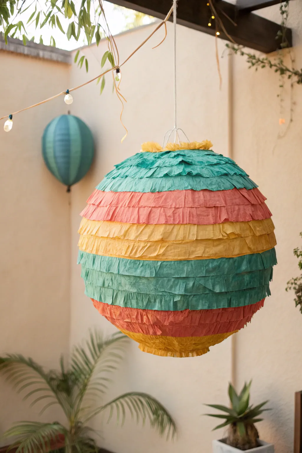 Add a vibrant touch to your celebration with a handcrafted colorful circle piñata, where simplicity meets boho charm!