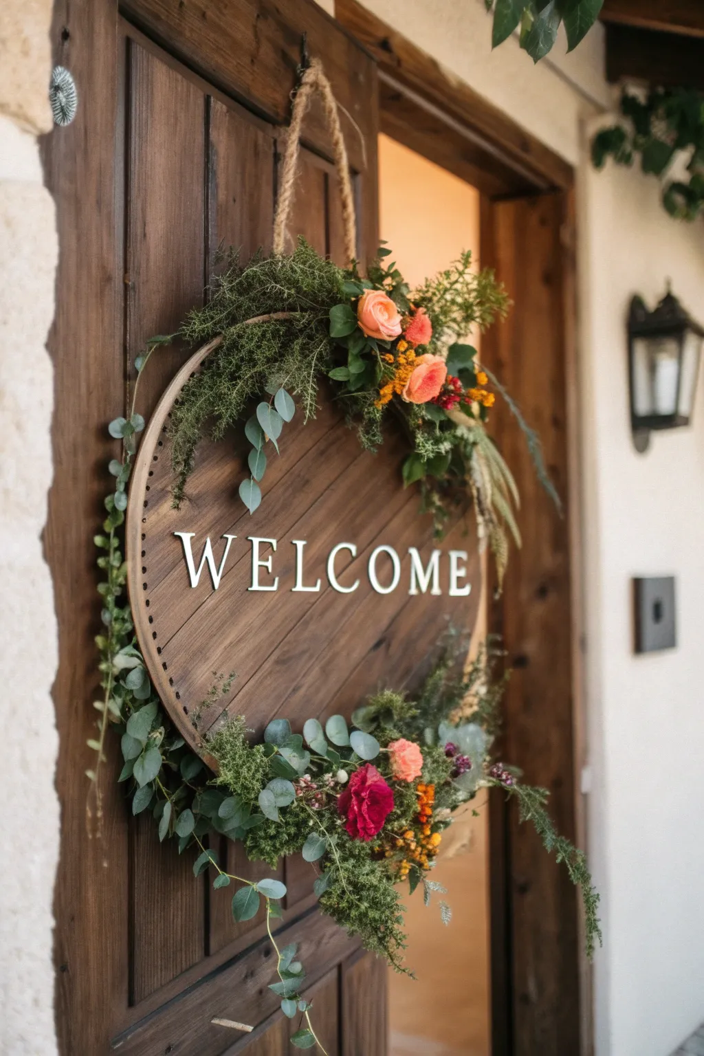Lush greenery and vibrant florals breathe life into this round welcome sign.