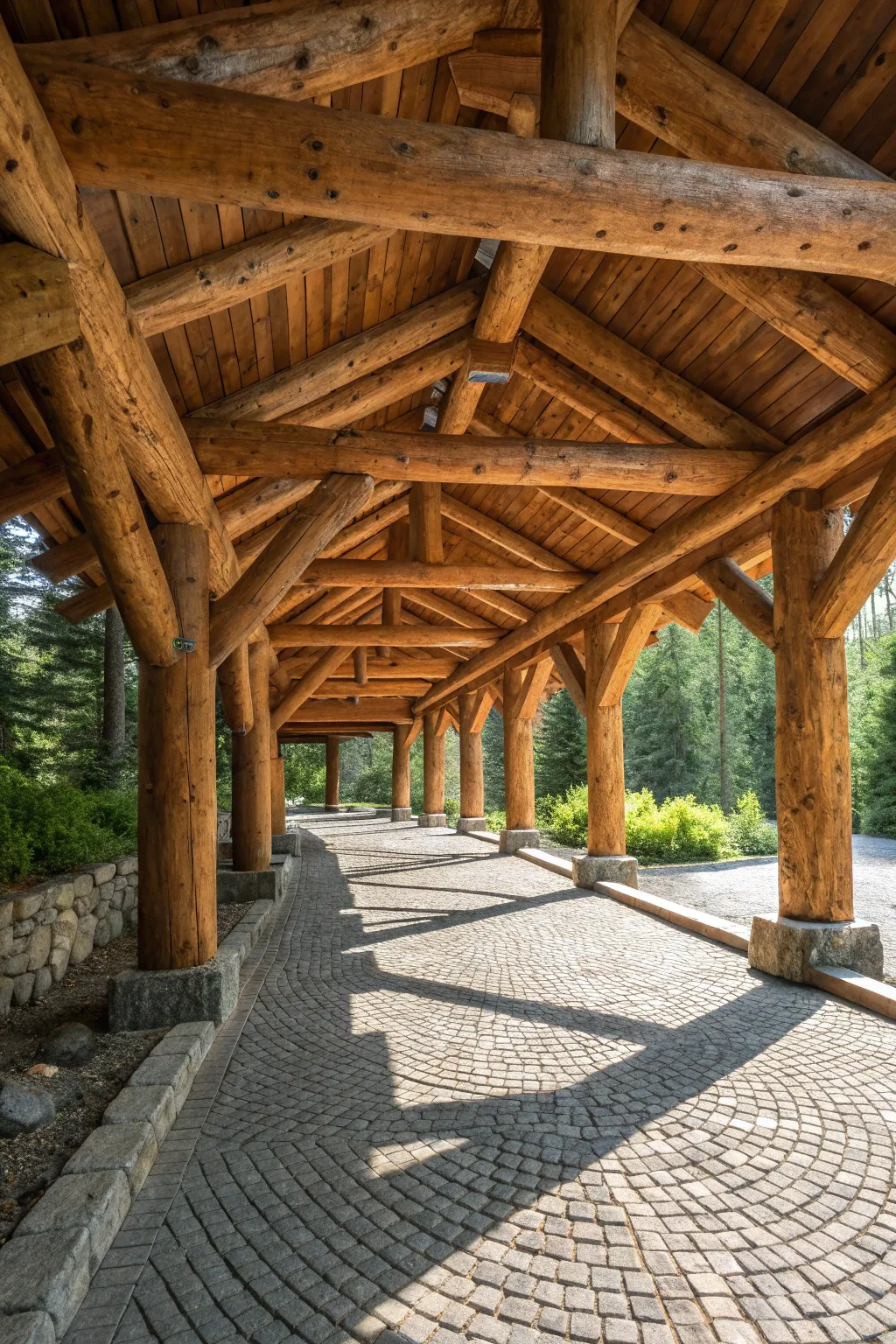 Park in style under the timeless charm of rugged log beams.