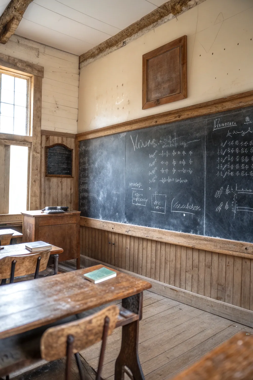 A farmhouse-style chalkboard as a central piece in the classroom.