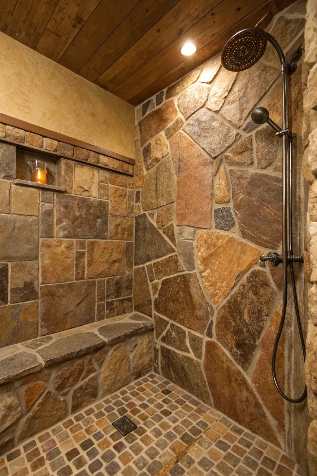 Step into tranquility with natural stone tile elegance.