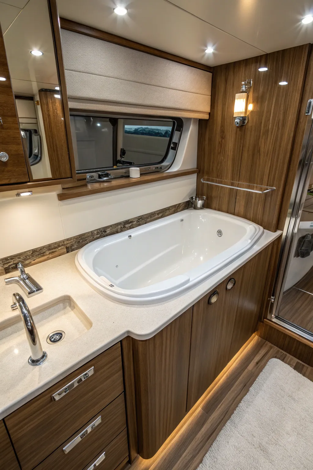 Elevate your RV experience with a compact drop-in tub that combines luxury with functionality.