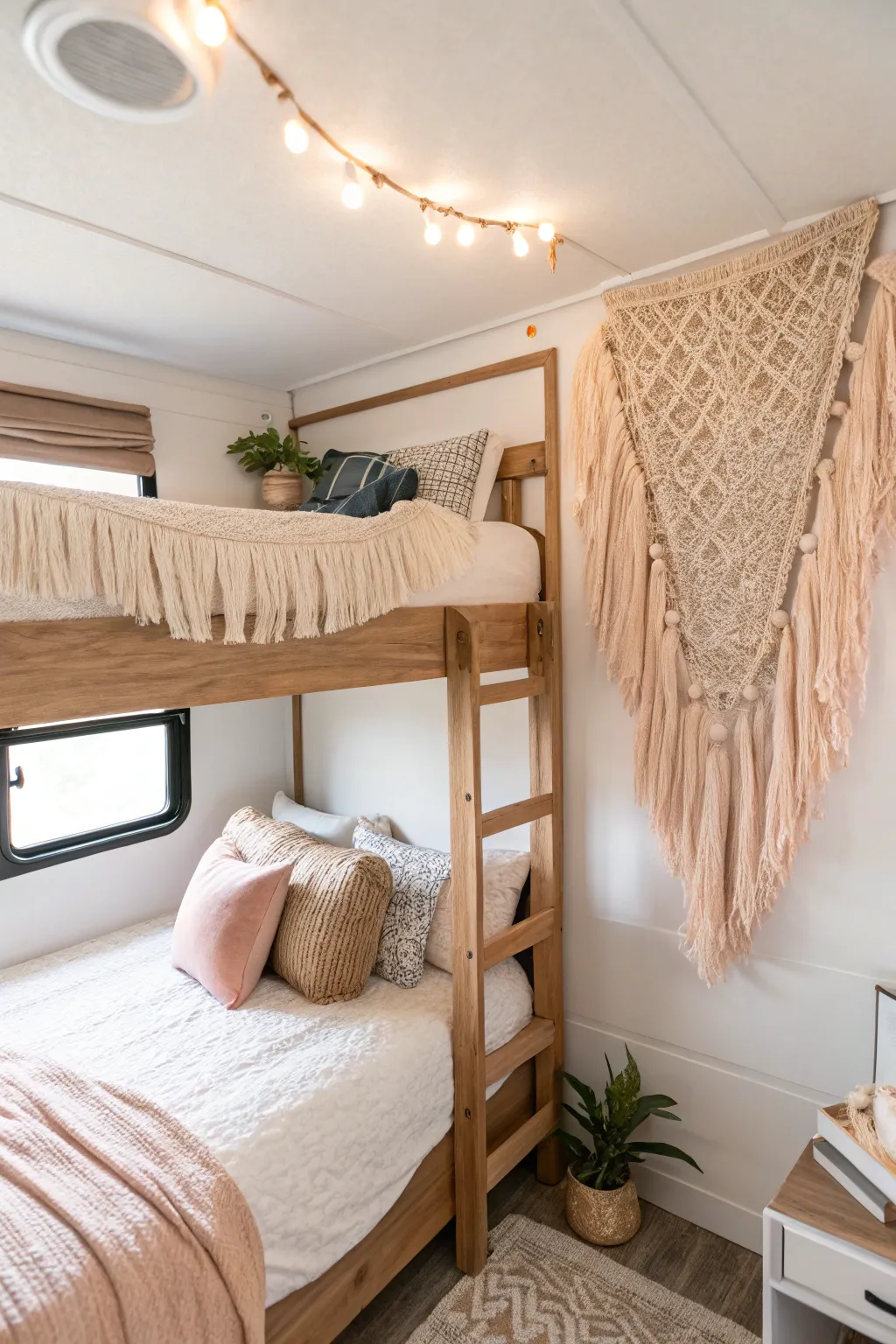 Transform your RV bunk room into a serene escape with light and bright colors. #RVRemodel #MinimalistBoho