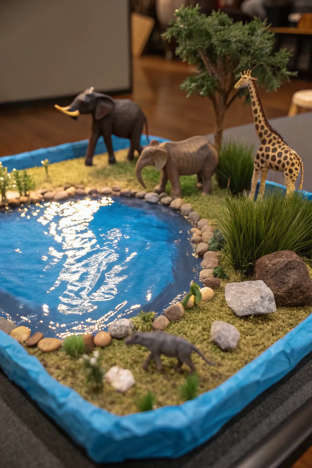 Immerse yourself in the art of diorama crafting with this stunning miniature watering hole scene, where attention to detail meets the spirit of the wild.